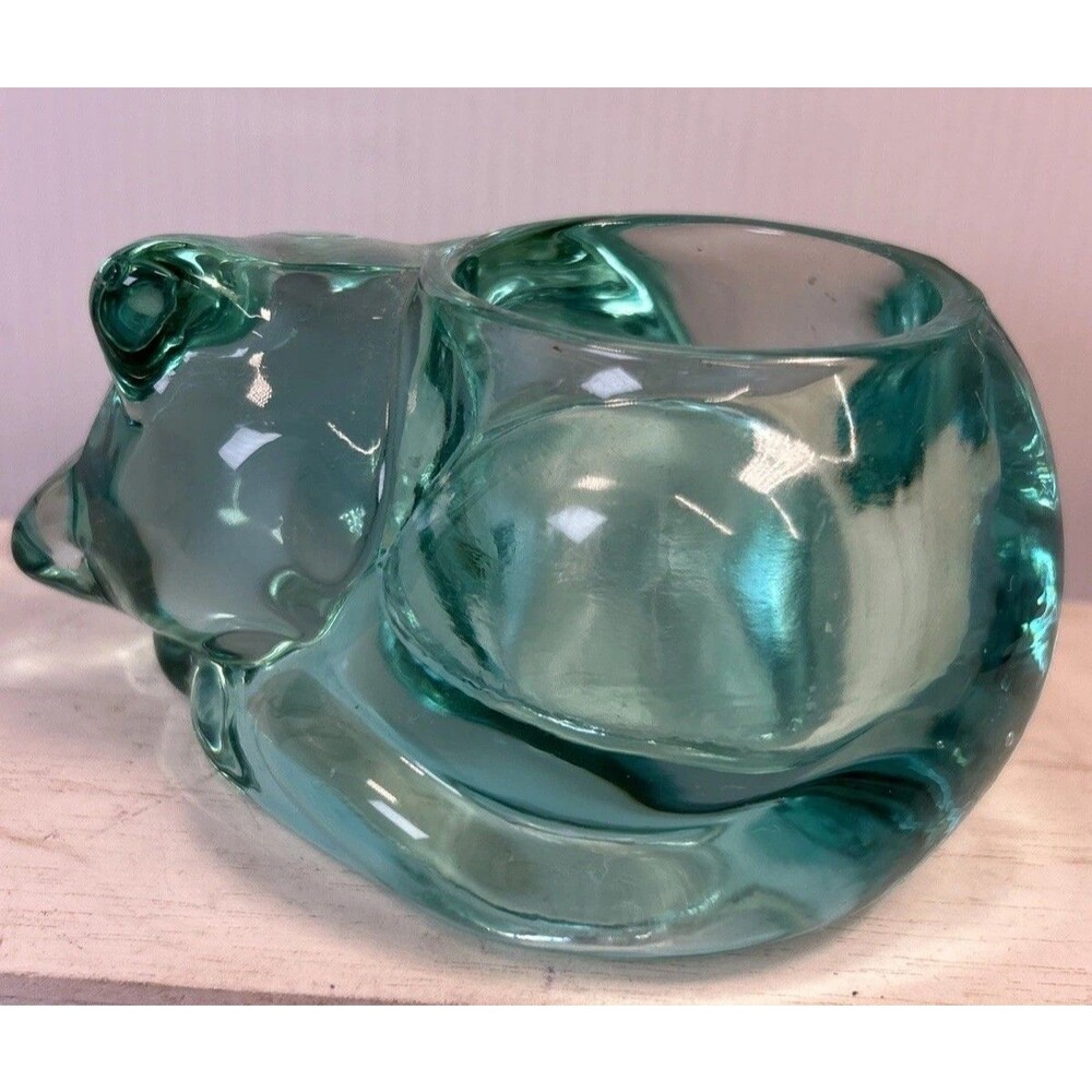 Vintage Indiana Glass Teal Sleeping Cat Votive Candle Holder